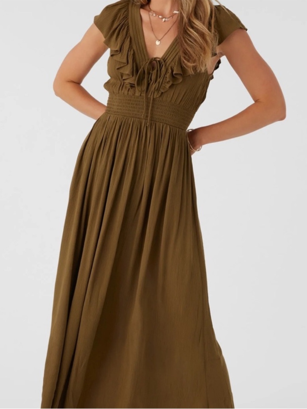O’Neill Olive Green Ruffle V-Neck Maxi Dress